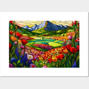 Stained Glass Colorful Mountain Meadow Posters and Art